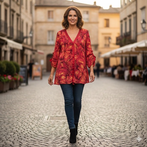 Oxford & Regent Tops - Oxford Regent One Button Button Womens Large Red Floral Abstract Pattern Sheer